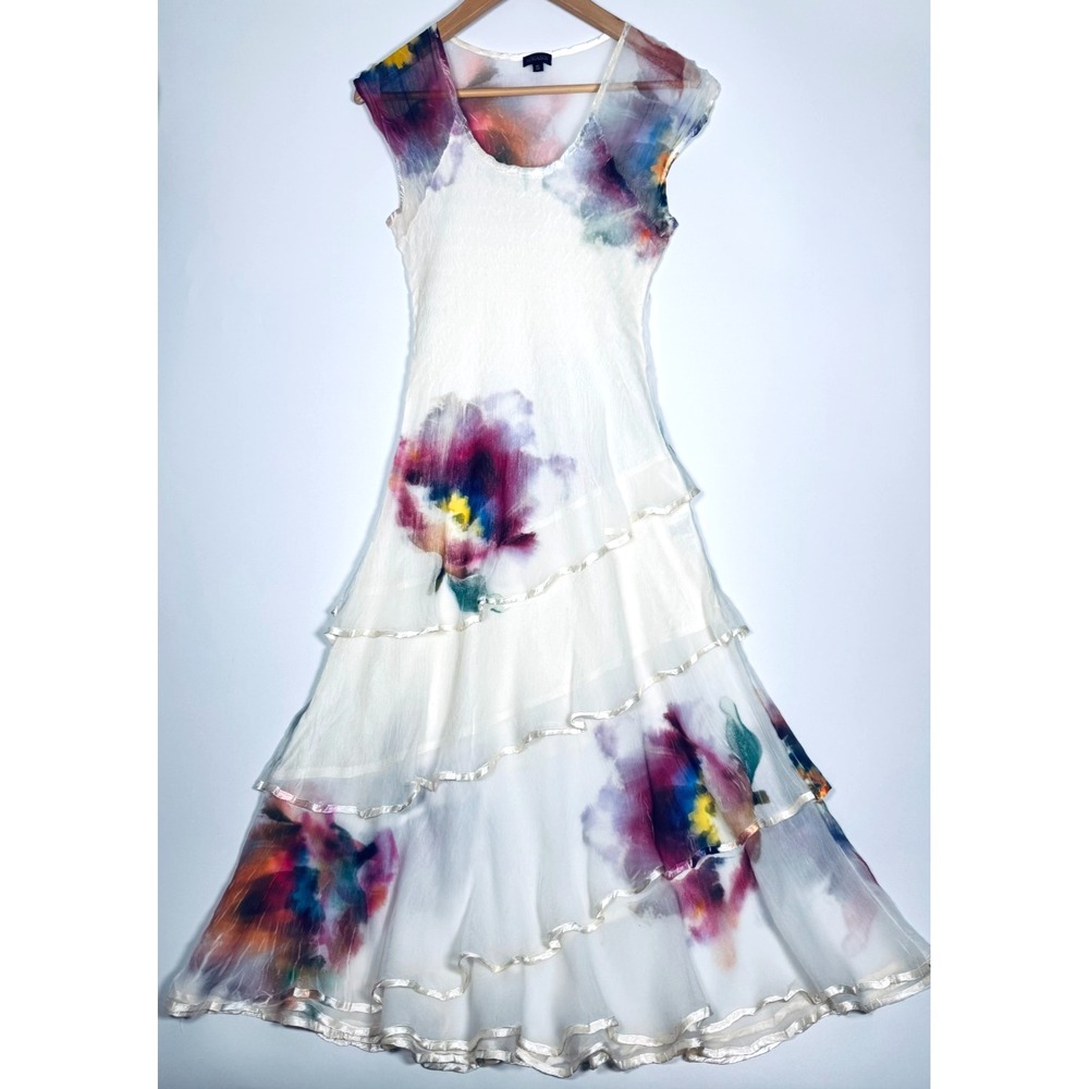Komarov Dress Small Ivory Watercolor Floral Tiered Ruffle Midi Crinkle USA Made